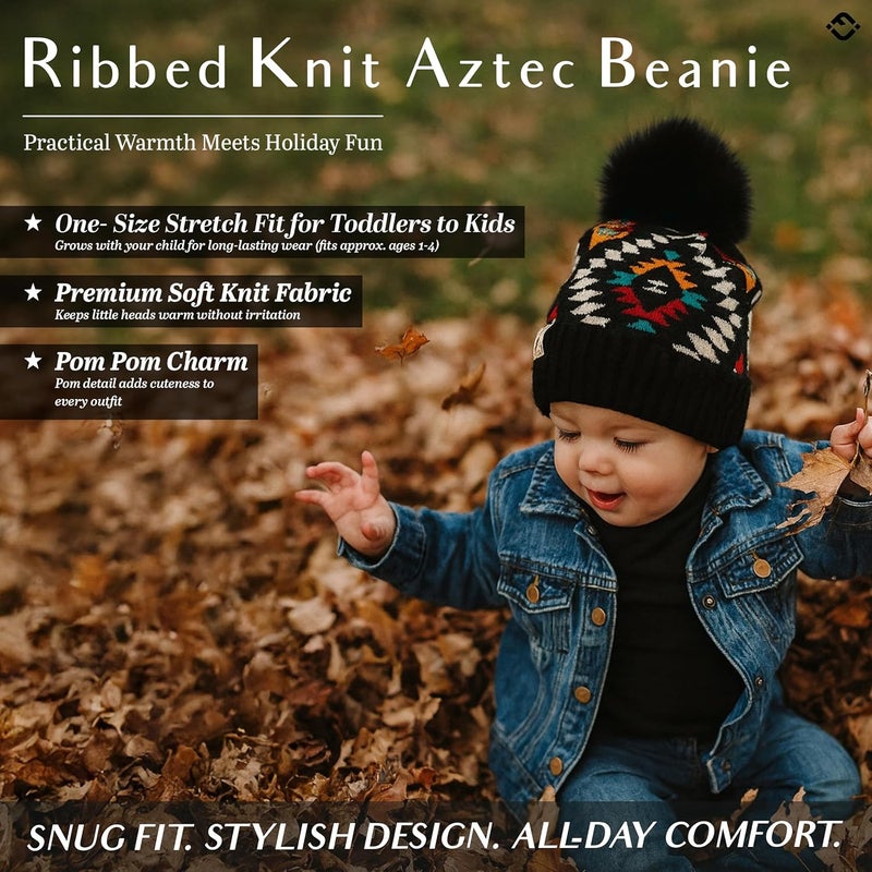 Funky Junque Toddler Pom Beanie – Kids Winter Hat for Ages 1–4, Baby Boy & Girl Knit Beanies, Warm Cozy Knit Snow Hats - Image 2